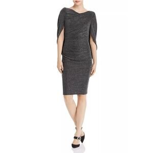 Avery G Metallic Knit Draped Back Midi Sheath Cocktail Dress Black Size 8